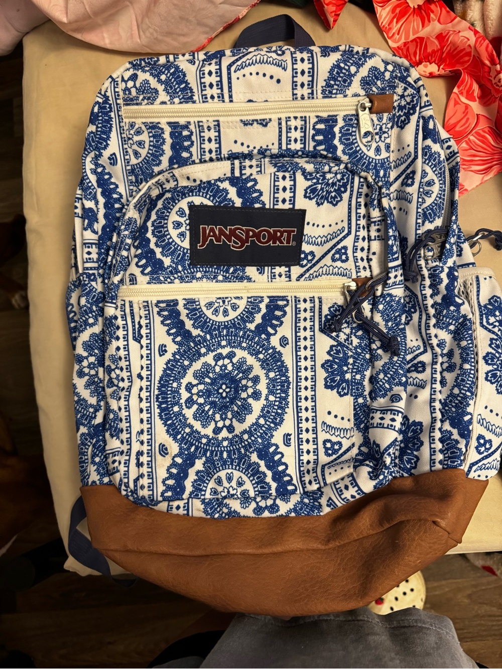 Jansport Blue and White Patterned Backpack with Brown Base